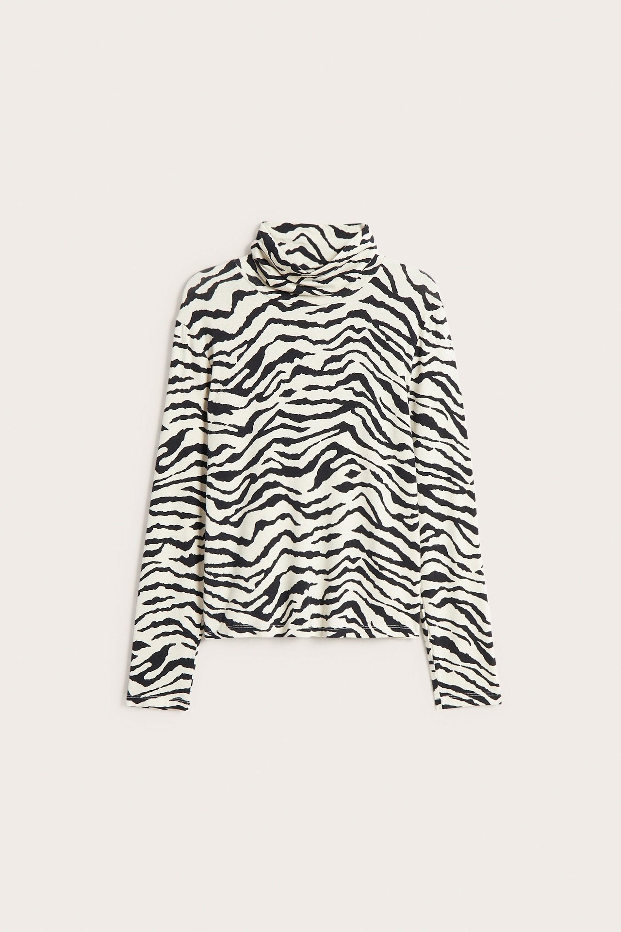 Przód: czarno-biały top z długim rękawem, wzorem zebry i golfem, z wiskozy.