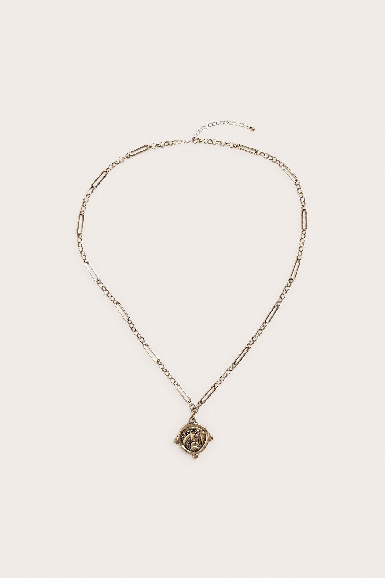 Framifrån, guldfärgat metallhalsband med hästberlock på en länkkedja.