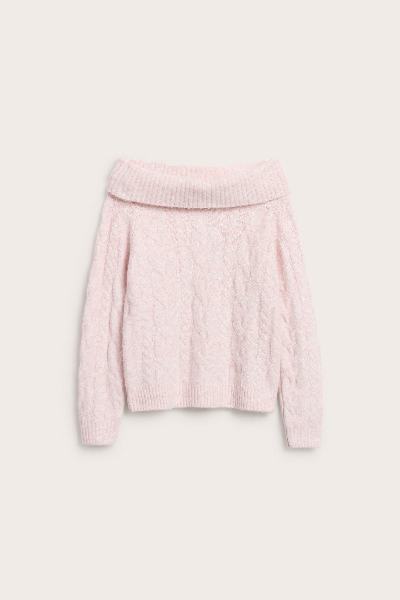 Ljus rosa kabelstickad off shoulder-tröja i mjuk akryl, elastan, polyester och ull.