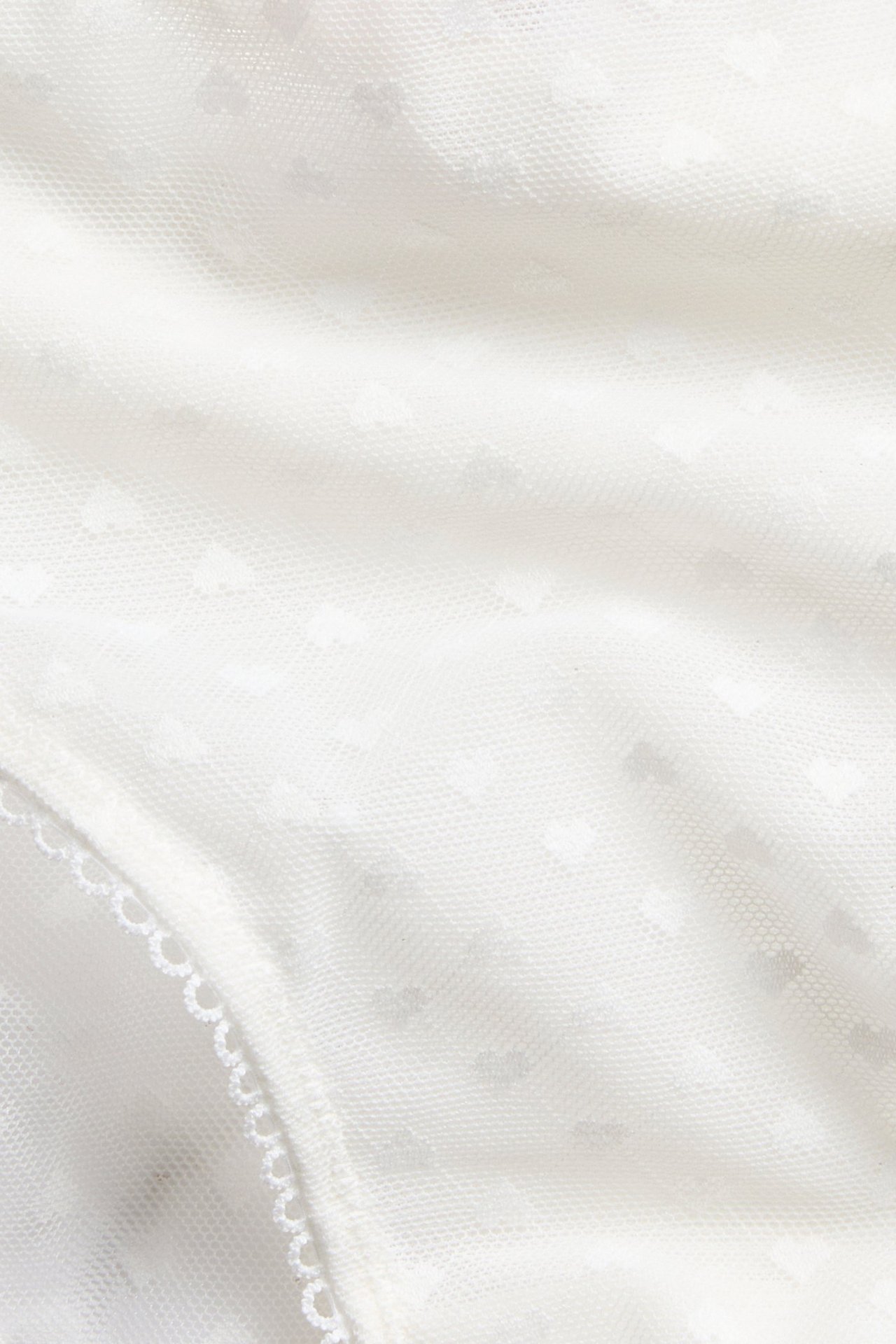 Närbild på kvinnas offwhite brazilian-trosa med diskret hjärtmönster och picotresår.