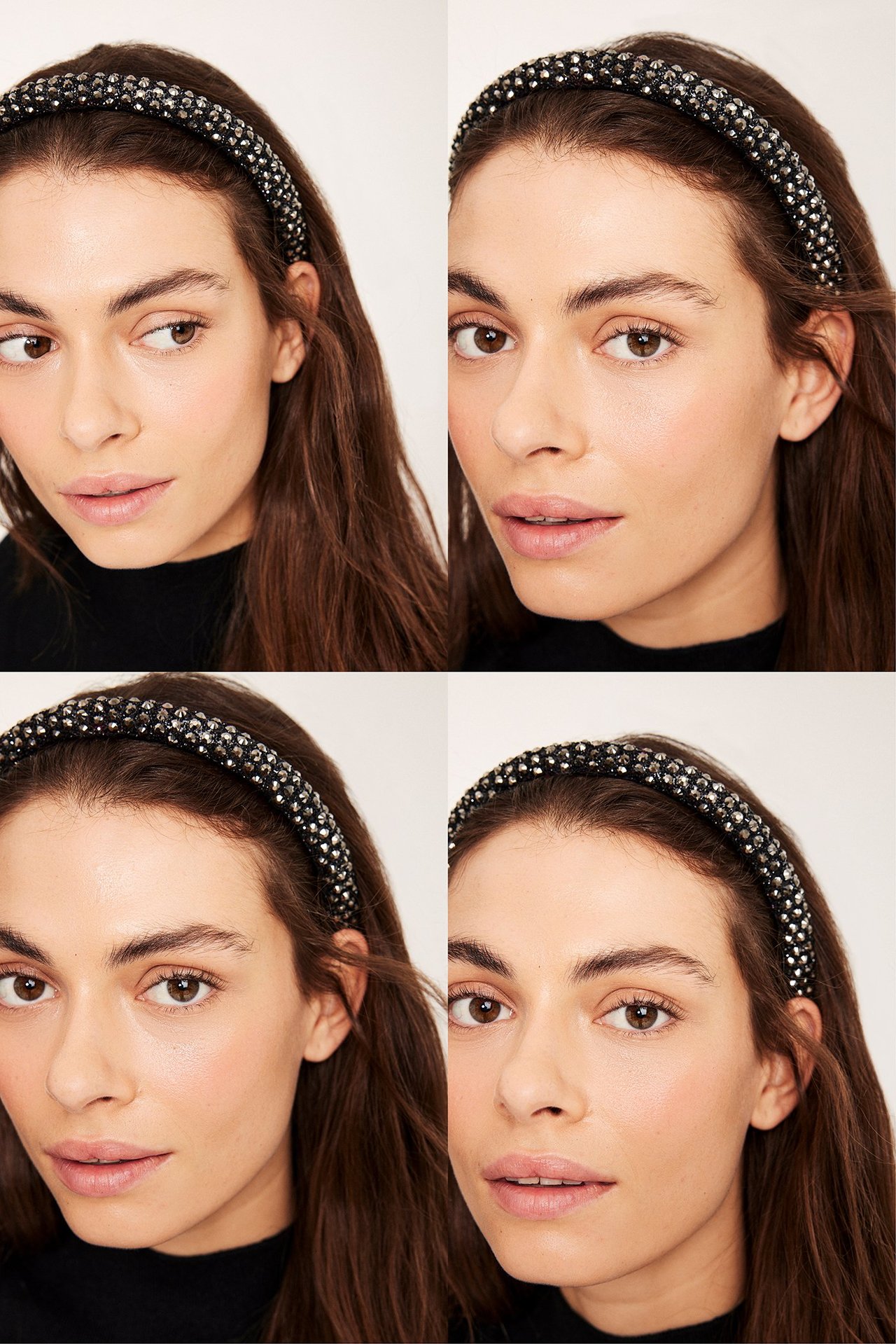 Lähikuva naisesta, jolla on musta strassikoristeltu hiusvanne, useita näkymiä kasvoista ja mustasta topista.