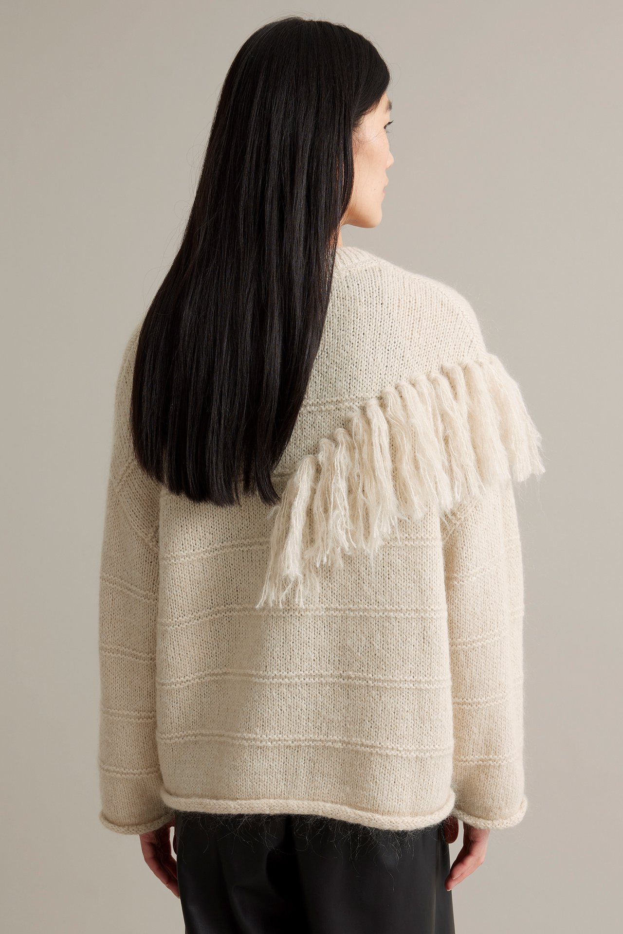 Strikkegenser med frynser - Lys beige - 6