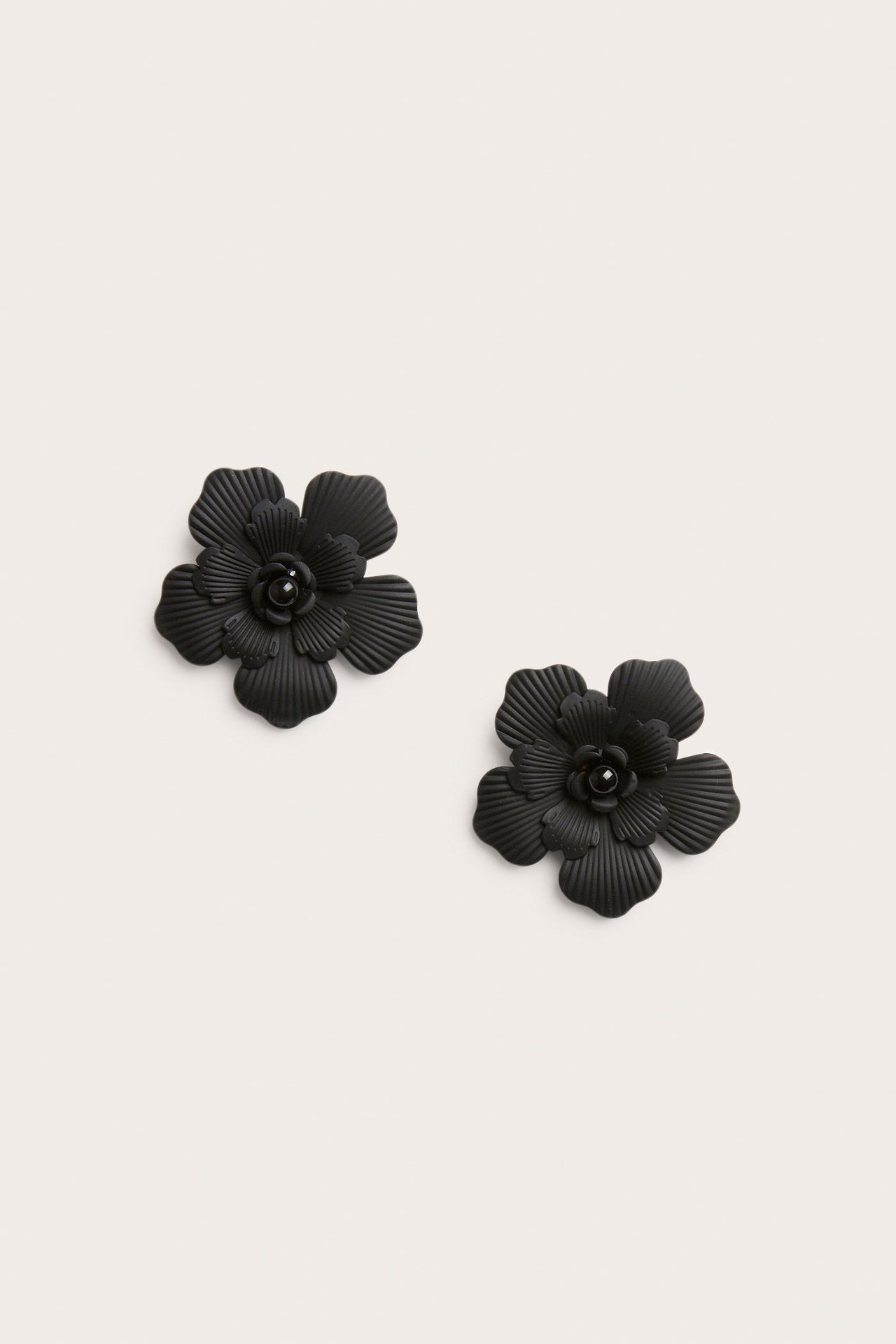 Ovenfra sett to svarte blomsterøreringer med riflede kronblader og en sentral svart perle.