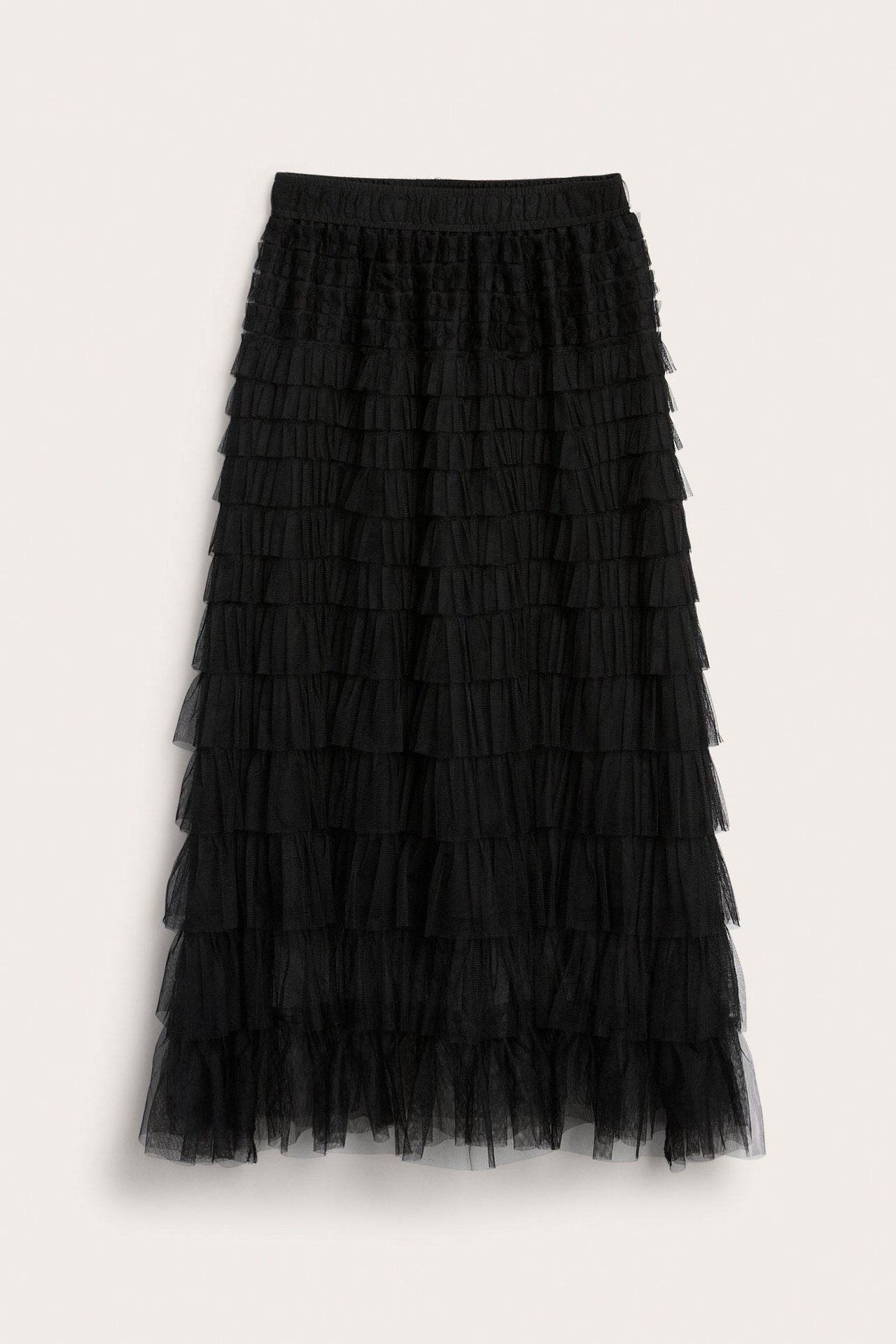 Długa czarna spódnica z tiulu z frędzlami, elastyczna talia, jednolity kolor, front.