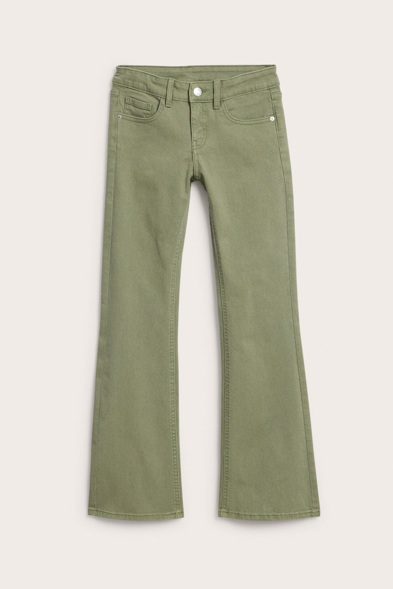 Edestä: lasten tummanvihreät matalavyötäröiset bootcut-farkut puuvillasekoitetta, napilla ja vetoketjulla.