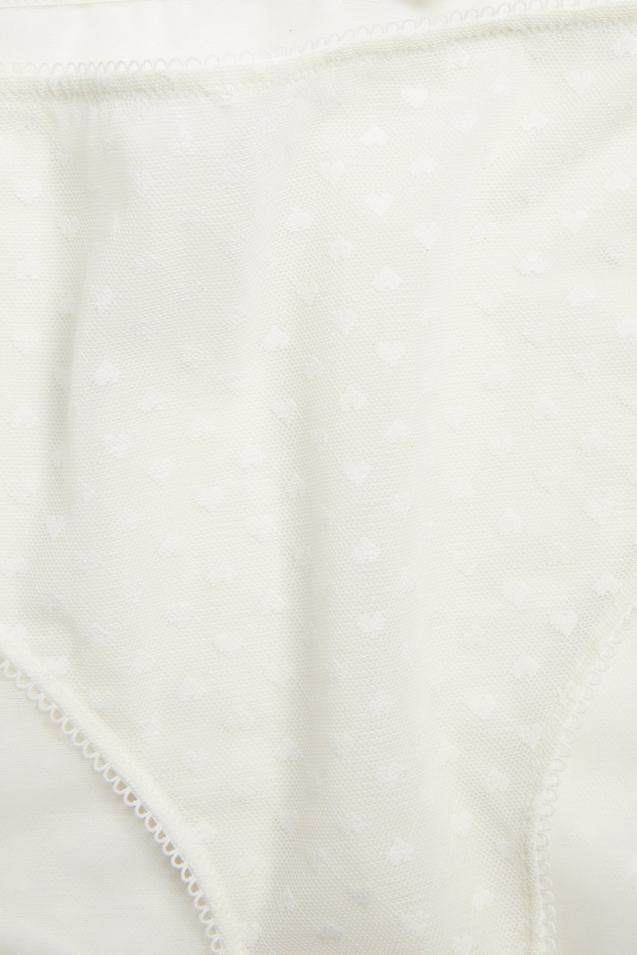 Nærbilde av offwhite mesh-brieftruse med diskret hjertemønster og delikat picotkant.