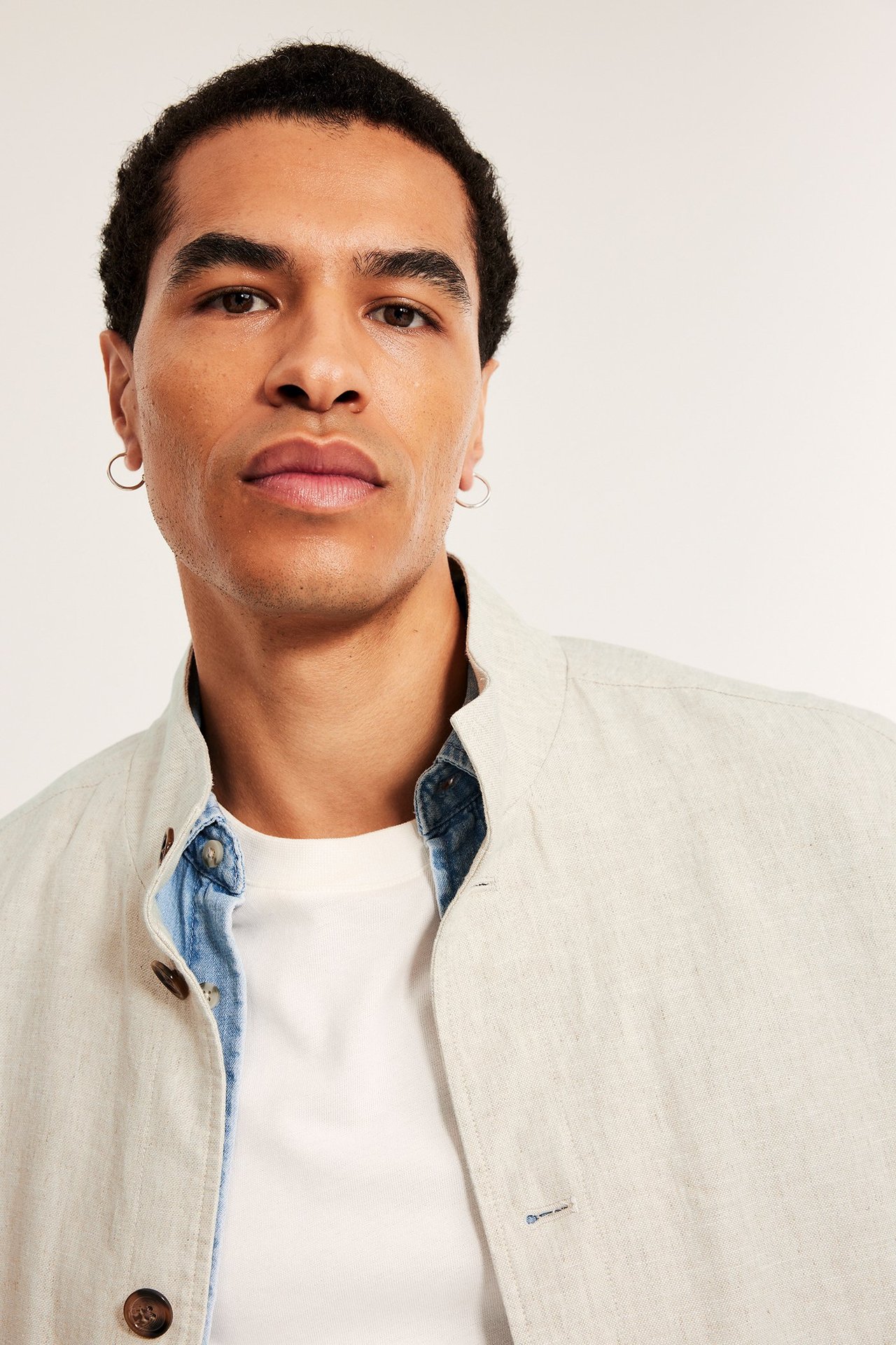 Lähikuva miehestä yllään vaaleanbeige pellavasekoitetakki pystykauluksella, farkkupaidan päällä.