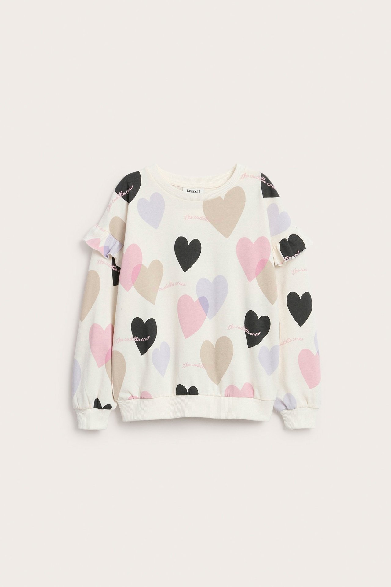 Widok z przodu: Dziecięca bluza off-white z czarnymi, różowymi, fioletowymi sercami i falbankami na rękawach.