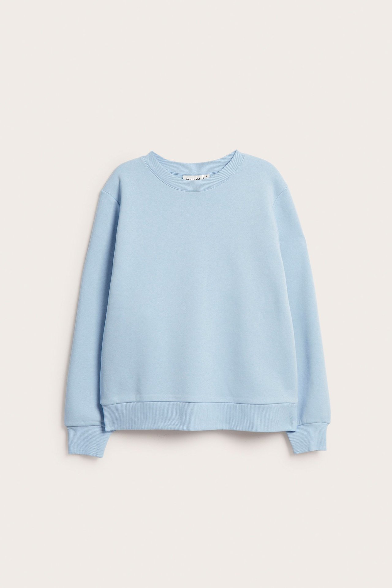 Frontbild av en enfärgad ljusblå sweatshirt med rund hals, ribbade muddar och nederkant.