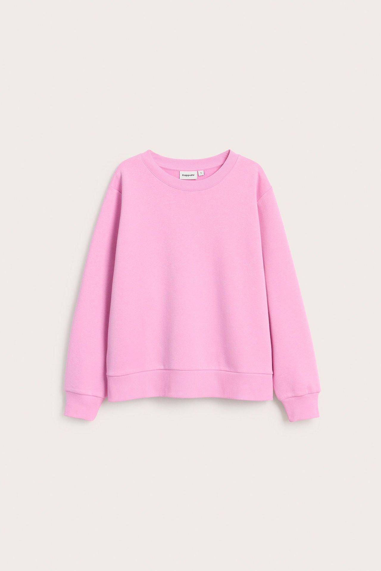 Widok z przodu: Gładka różowa bluza dresowa z okrągłym dekoltem, długimi rękawami i ściągaczami.