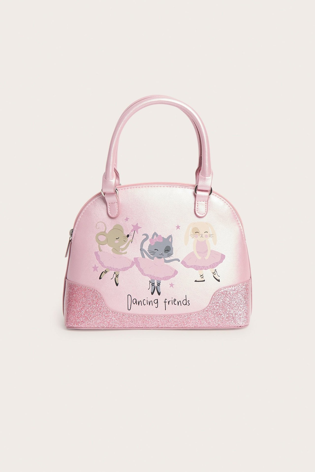Widok z przodu jasnoróżowej torebki z dwoma uchwytami, z nadrukiem tańczących zwierząt i brokatowymi detalami.