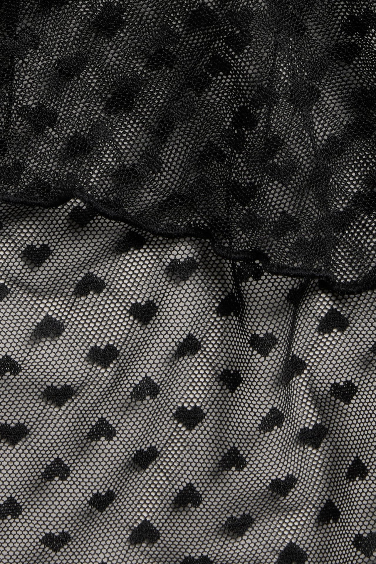 Lähikuva mustista läpikuultavista verkkoshortseista, joissa on kauttaaltaan sydänkuvio.