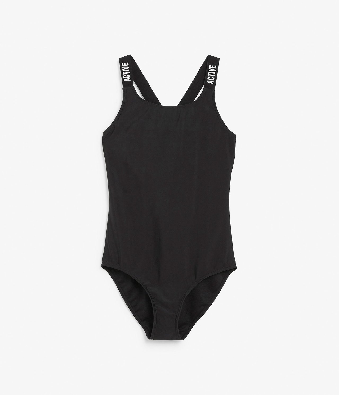 Edestä näkymä mustasta lasten uimapuvusta, jossa leveät joustavat olkaimet 'ACTIVE'-tekstillä.
