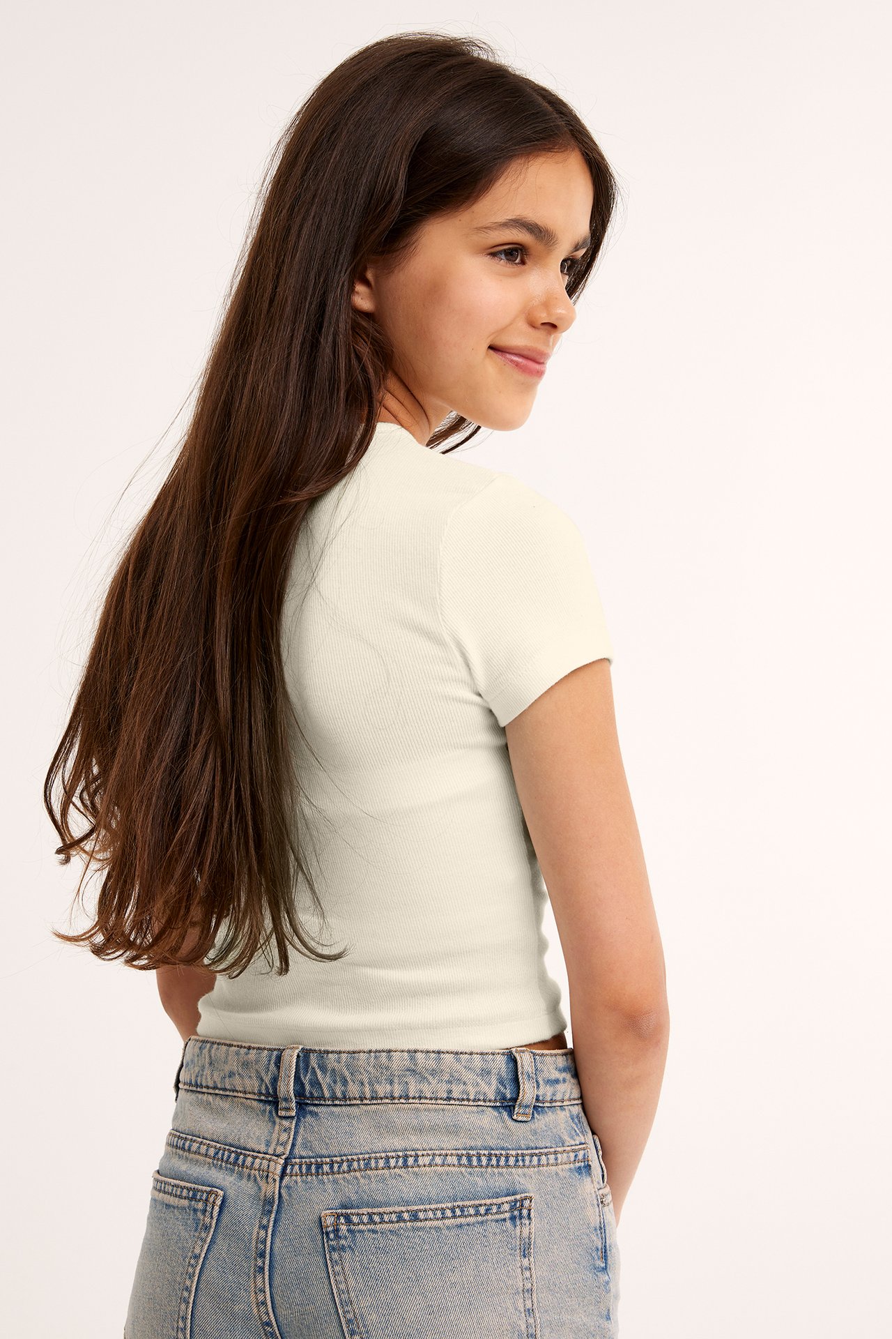 Kortärmad ribbad topp - Offwhite - 3
