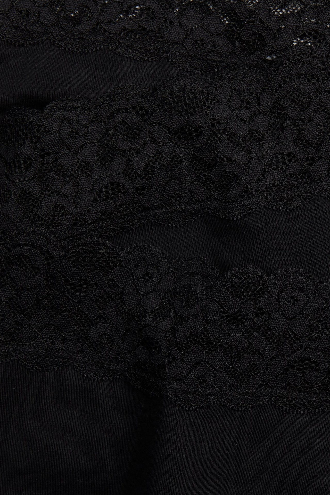 Närbild av svarta höfttrosor i bomull med delikat svart spetskant i midjan.