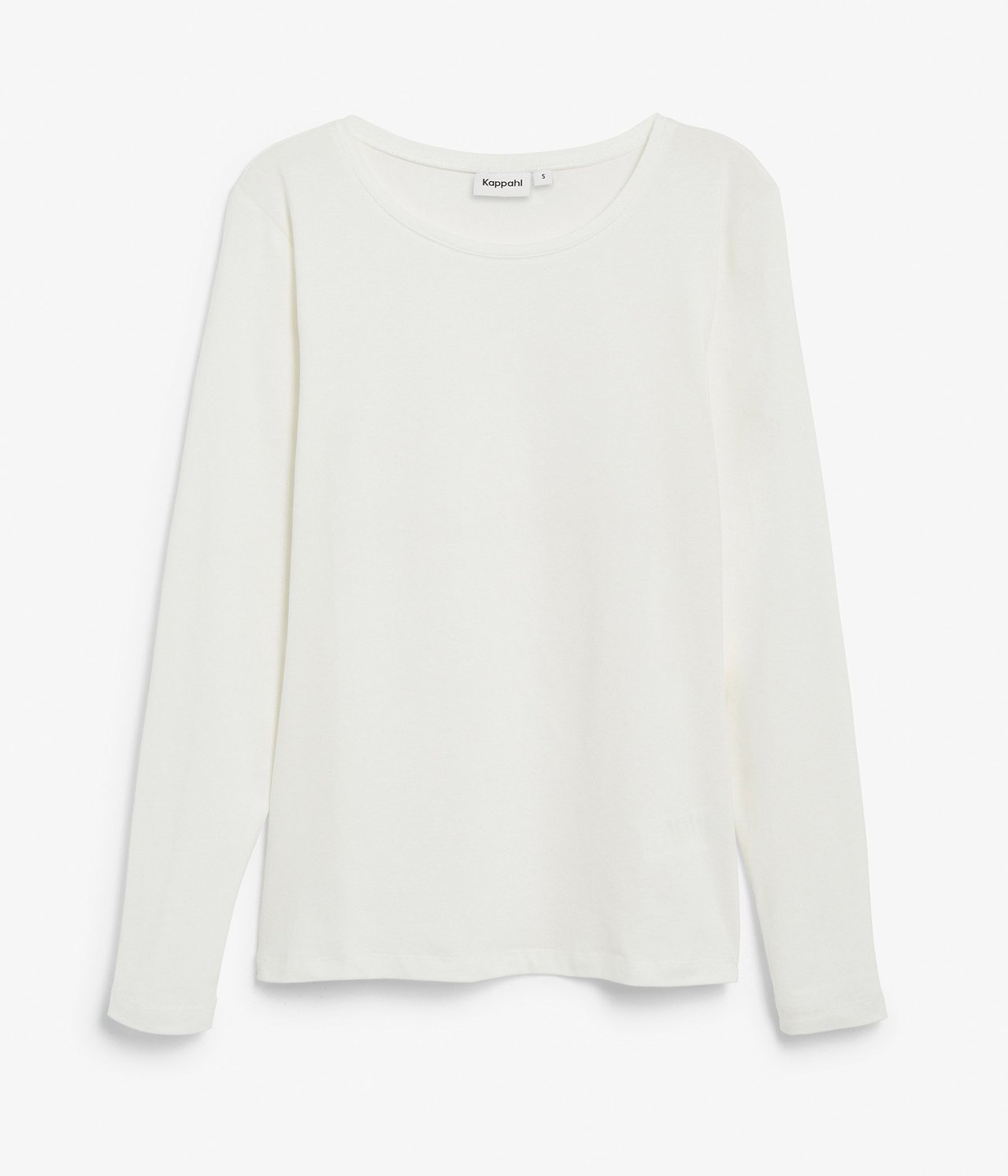 Forfra, offwhite langermet basetopp med rund hals i bomullsblanding.