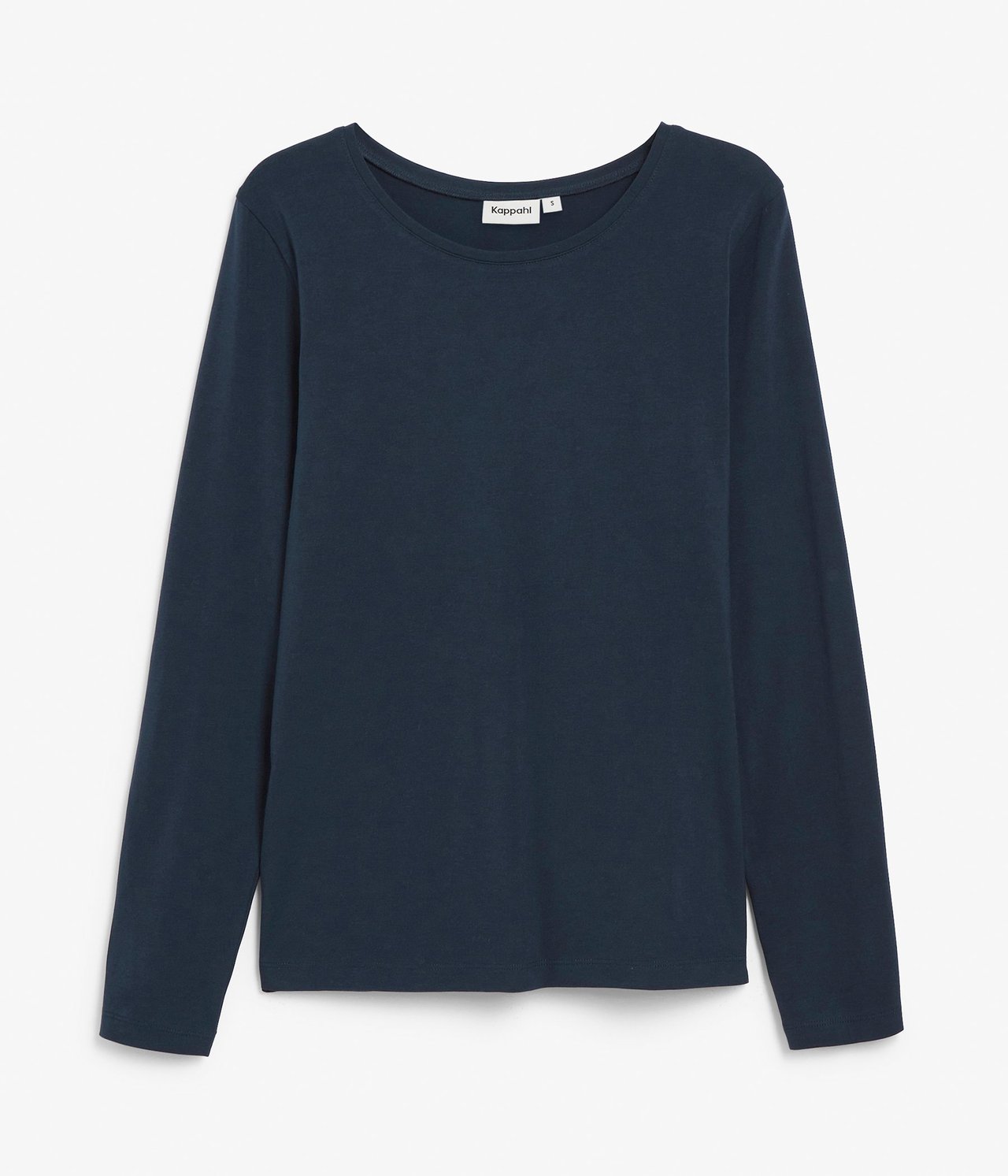 Frontvisning av en mørkeblå ensfarget langermet basetopp med rund hals.