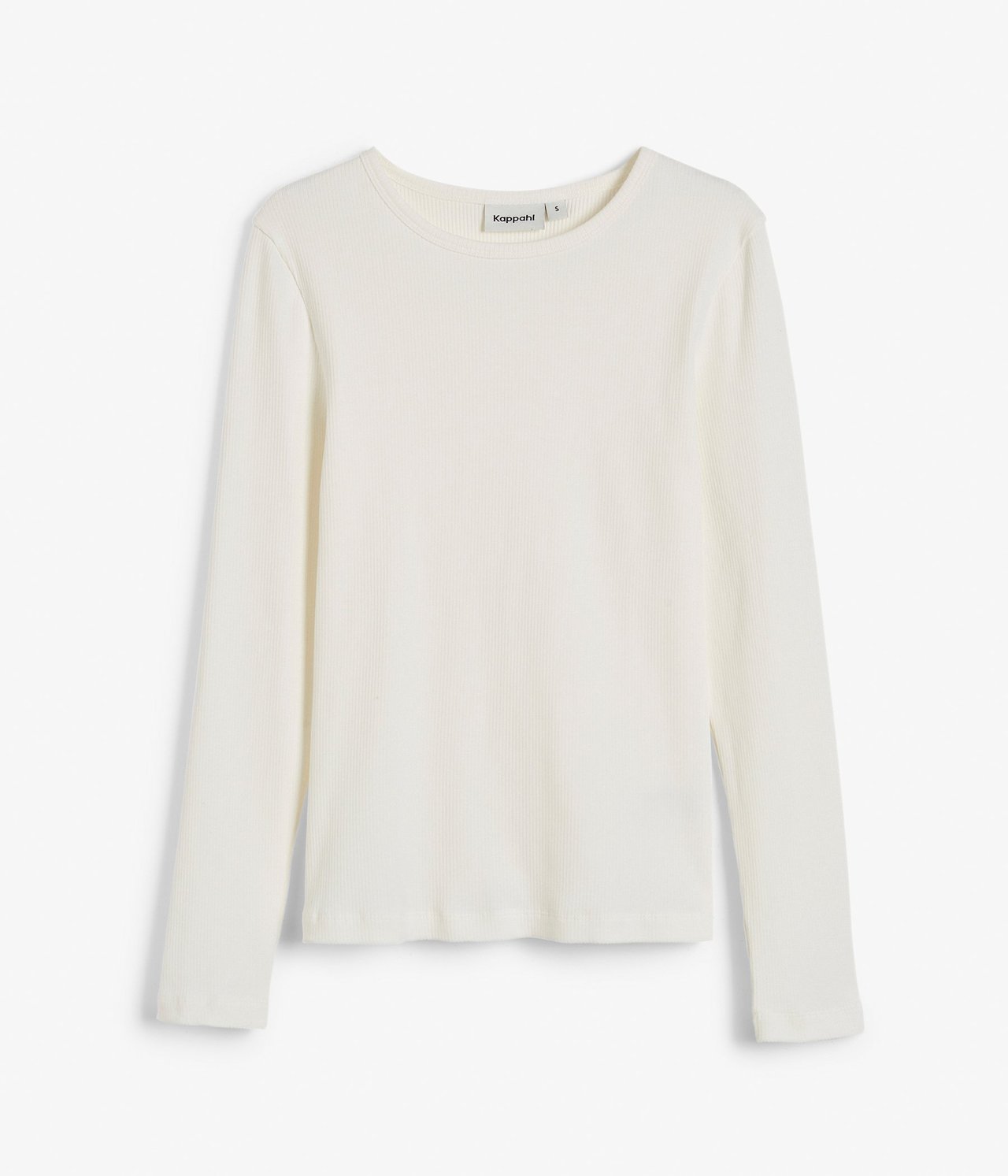 Frontvisning av en offwhite ribbet langermet topp med rund hals, flatlagt.