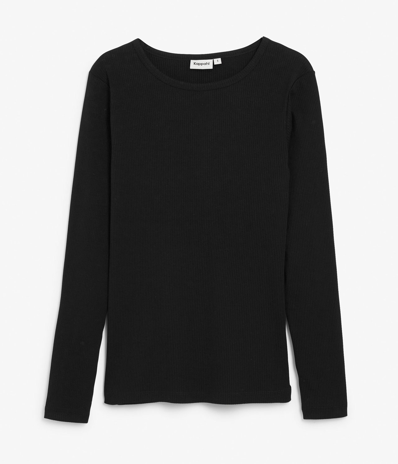 Frontvisning av en svart ribbet langermet topp i bomullsblanding med rund hals.