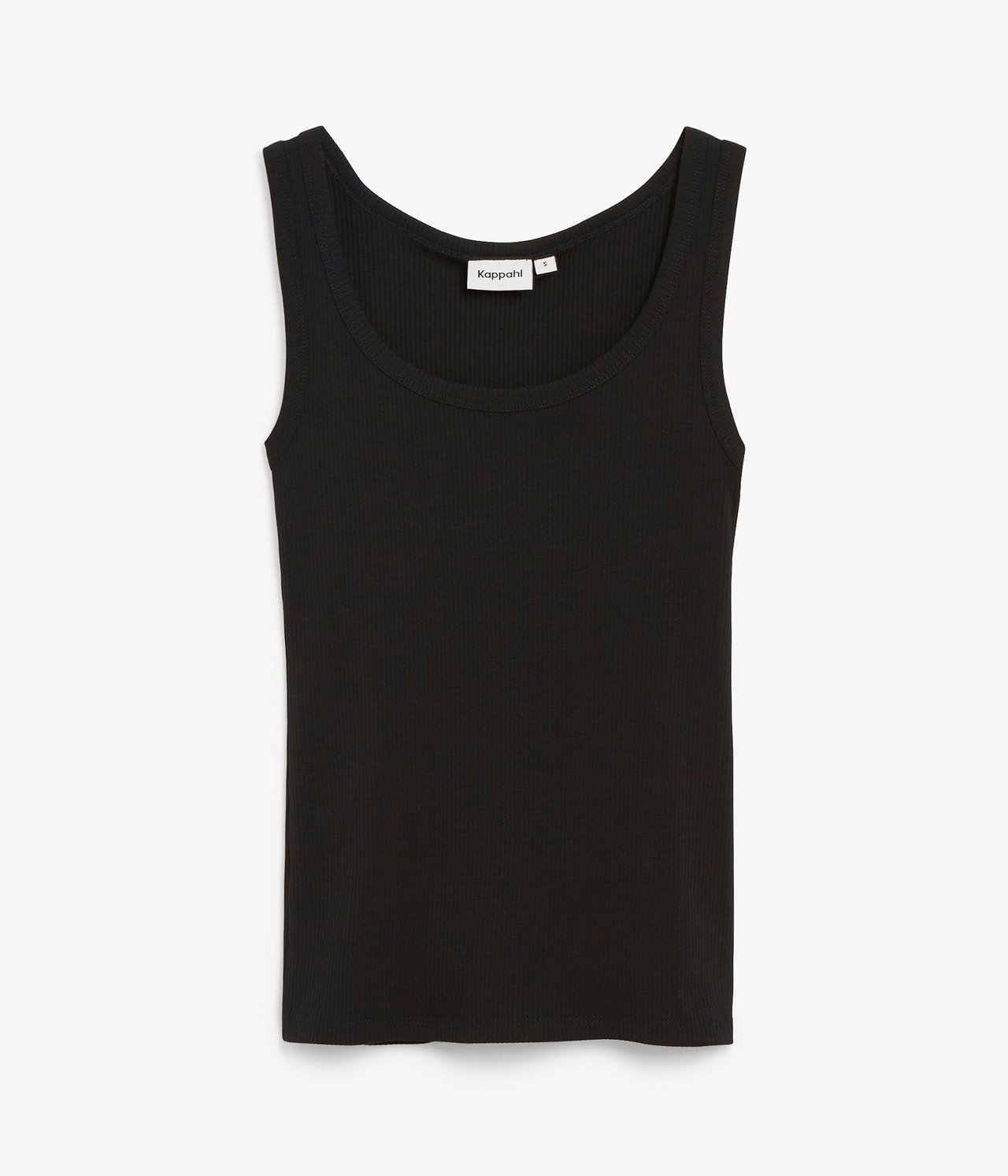 Frontvisning av en svart ribbet singlet i bomullsblanding.