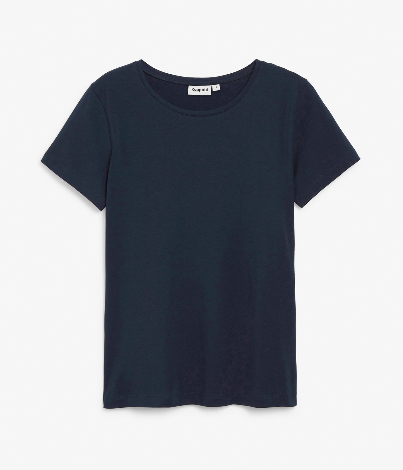 Frontvisning av en mørkeblå, ensfarget, kortermet dame-t-skjorte med rund hals.