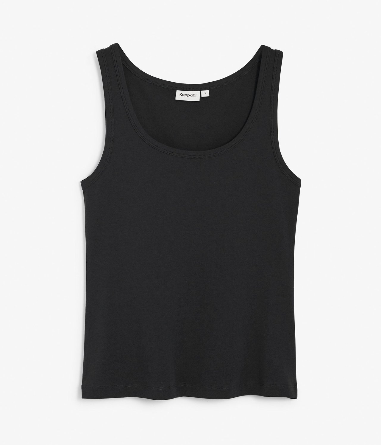 Frontvisning av en enkel svart dame-basic stretch singlet med rund hals.
