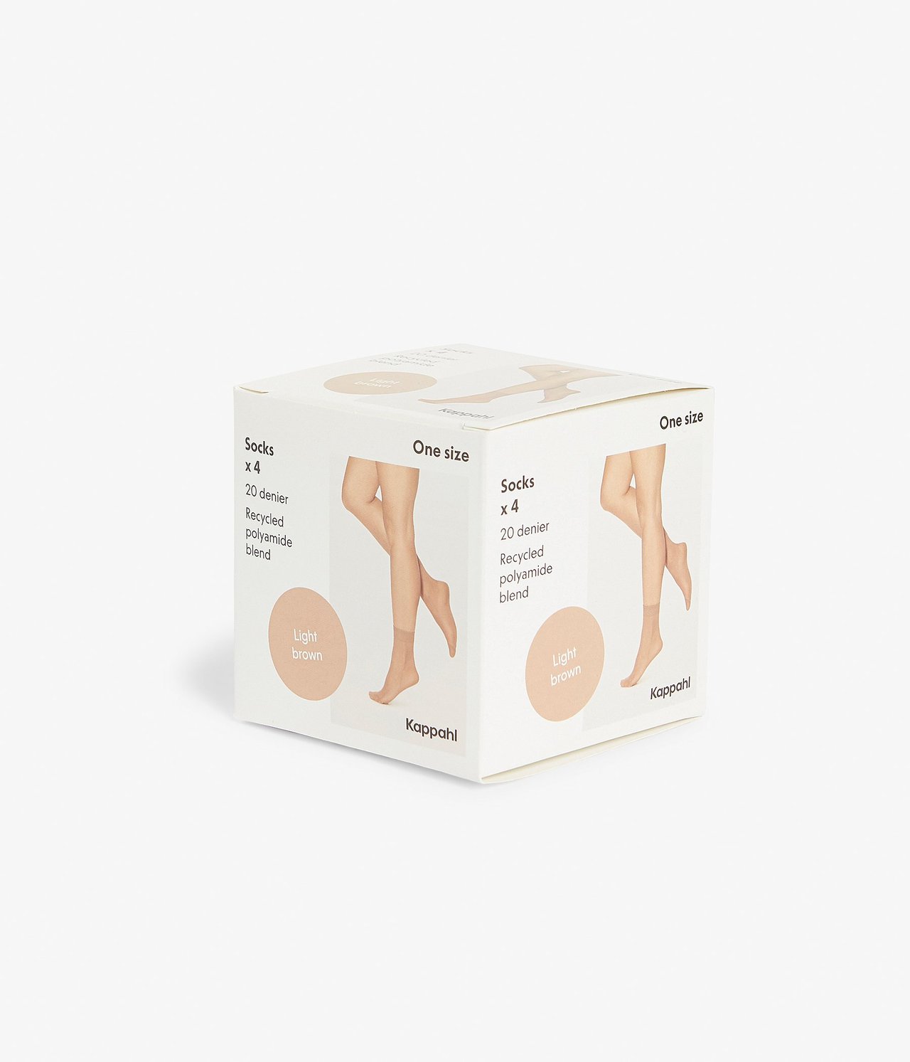 Widok z przodu białego pudełka z czterema parami jasnobrązowych skarpet nylonowych 20 denier.