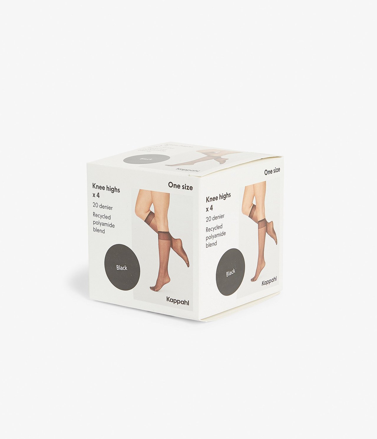 Widok z przodu białego pudełka zawierającego 4-pak czarnych nylonowych podkolanówek.