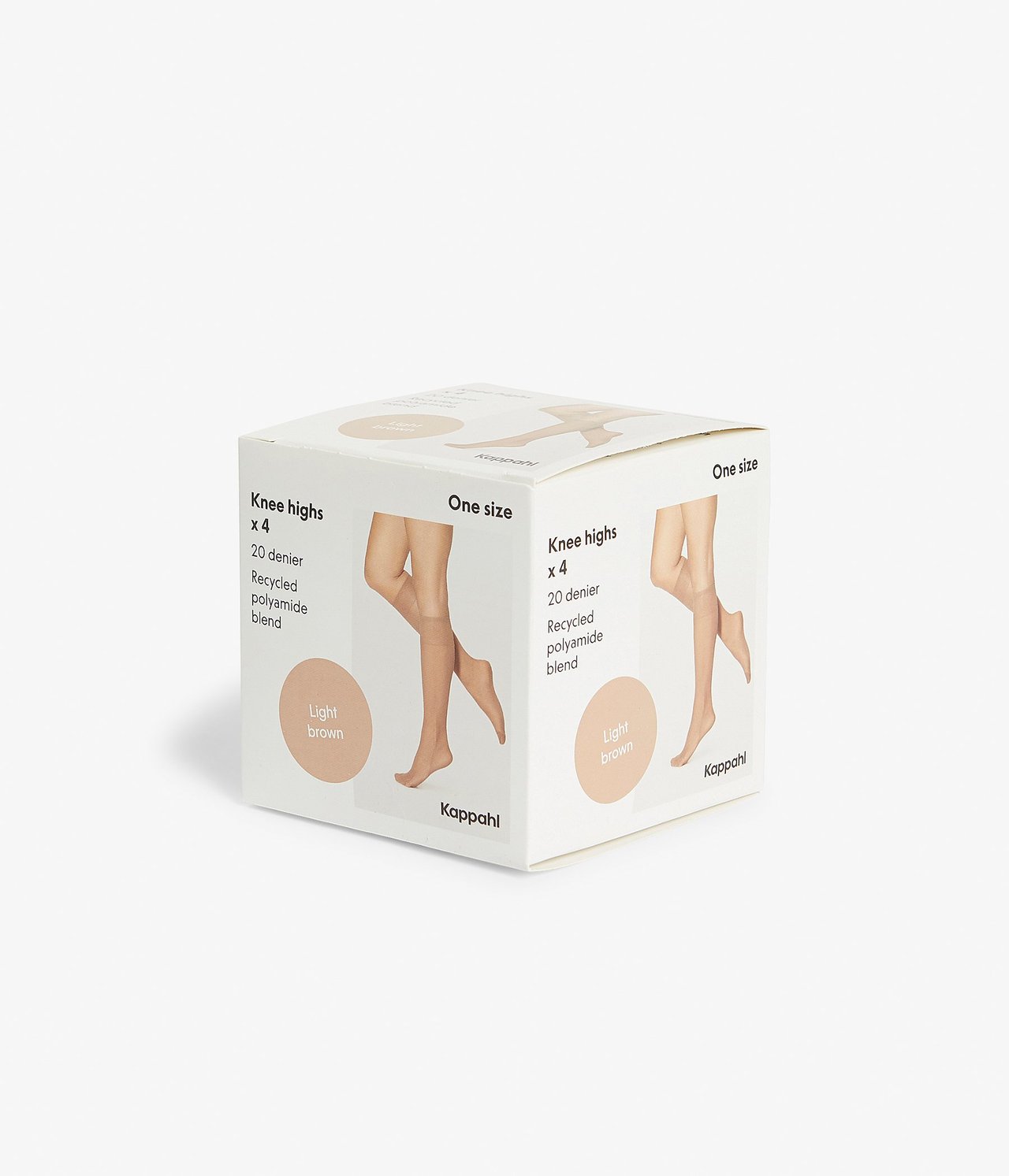 Widok trzy czwarte jasnobrązowego pudełka z 4 parami podkolanówek z ilustracjami nóg.