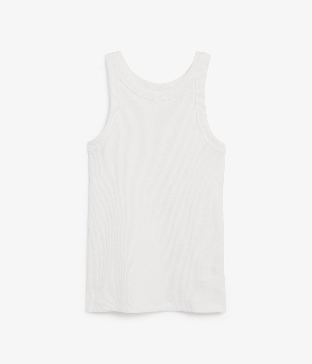 Widok z przodu białego, prążkowanego topu bez rękawów dla dziecka z mieszanki bawełny.