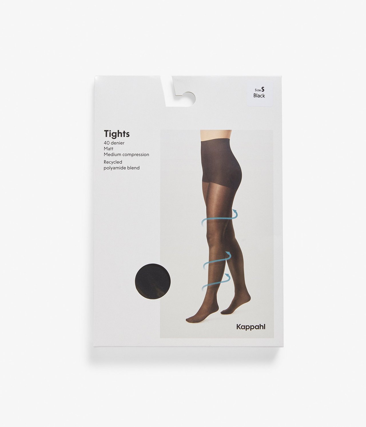 Widok z przodu opakowania produktu przedstawiający czarne rajstopy uciskowe 40 den na nogach kobiety.