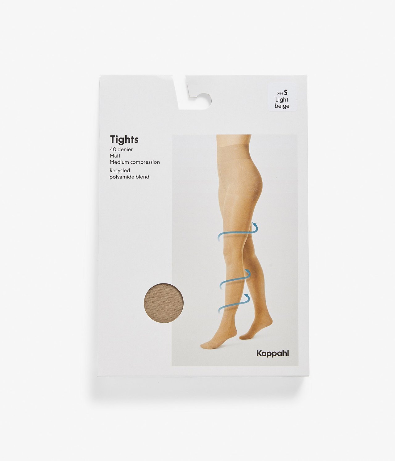 Vaaleanbeigen 40 denierin kompressiosukkahousujen pakkaus edestä, jossa naisen jalkojen kuva.