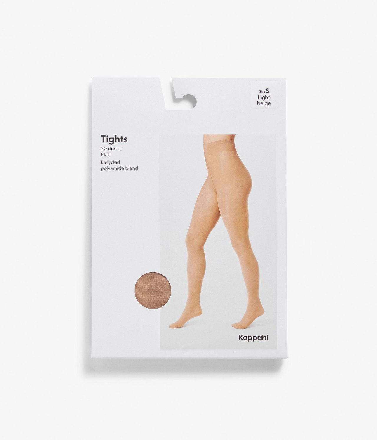Edestä näkymä valkoisesta pakkauksesta vaaleanbeigelle 20 denierin mattasukkahousuille, jalkagrafiikalla.