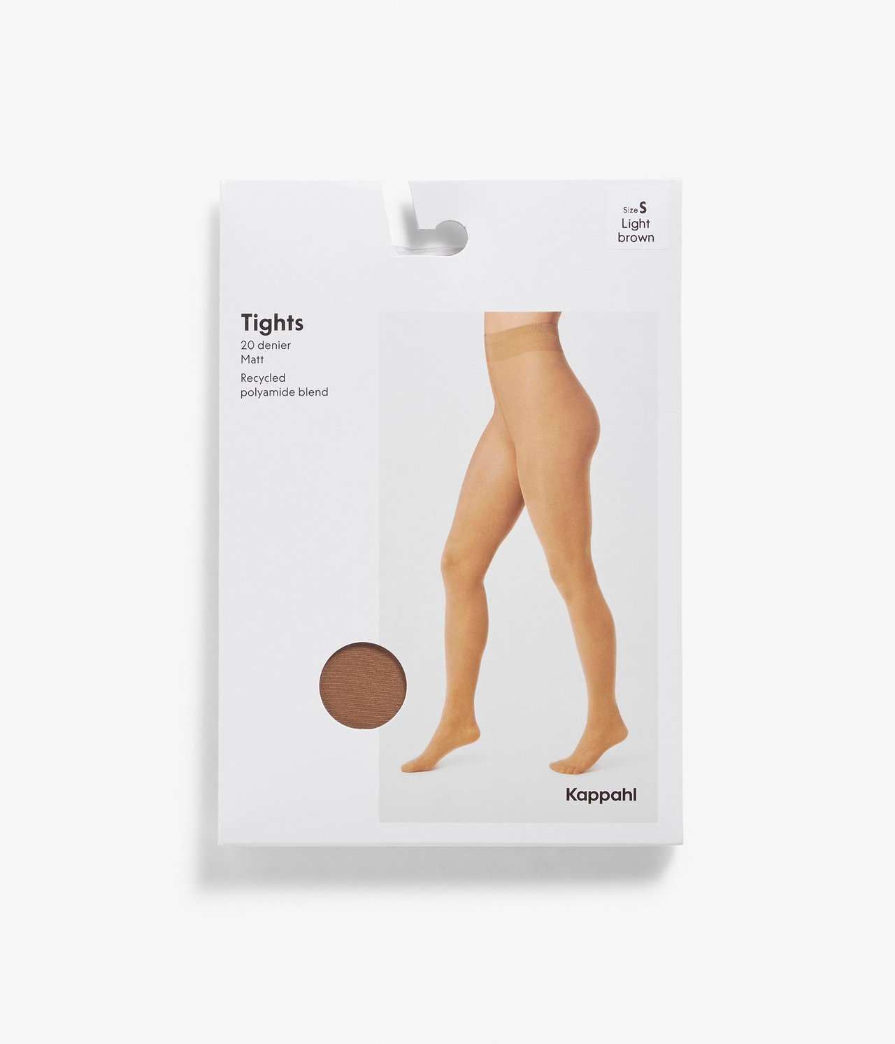 Edestä näkymä vaaleanruskeiden 20 denierin mattasukkahousujen pakkauksesta, näyttää jalkagrafiikan ja värimallin.