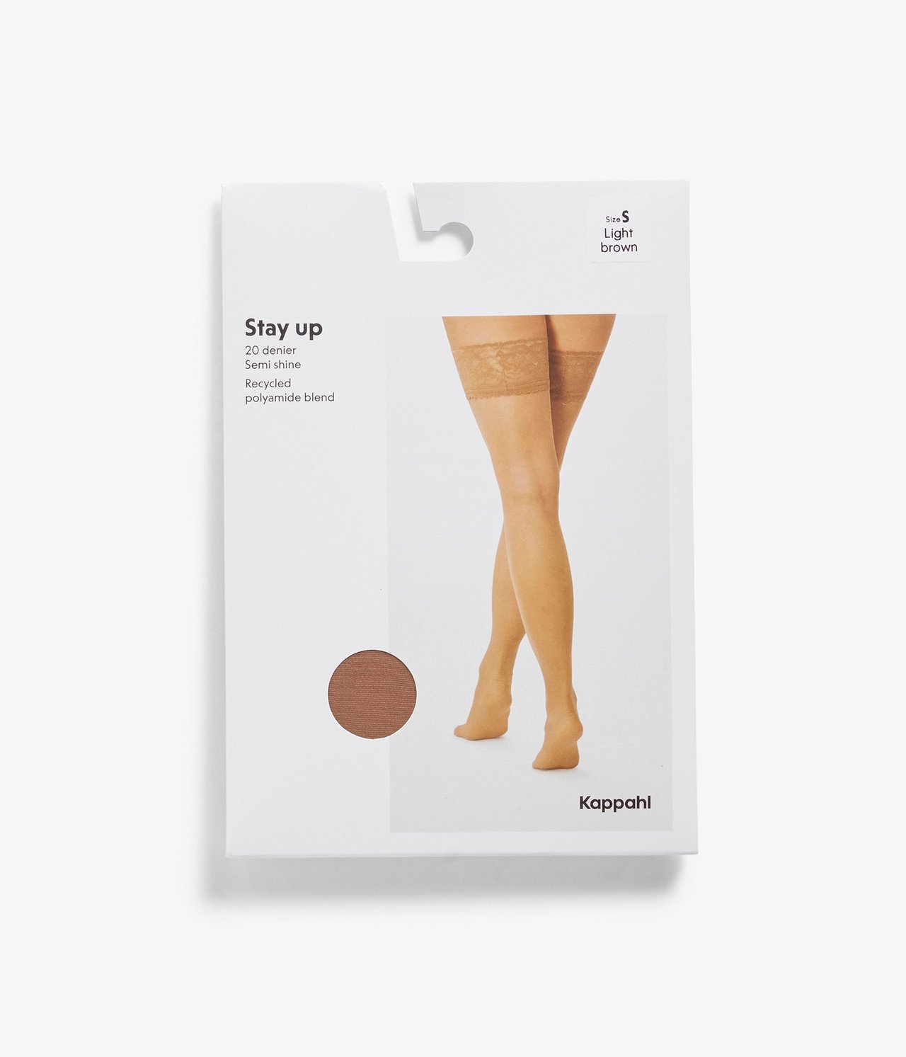 Frontvisning av lysebrune semi-shine stay-ups med bred blondekant, vist på emballasjen.