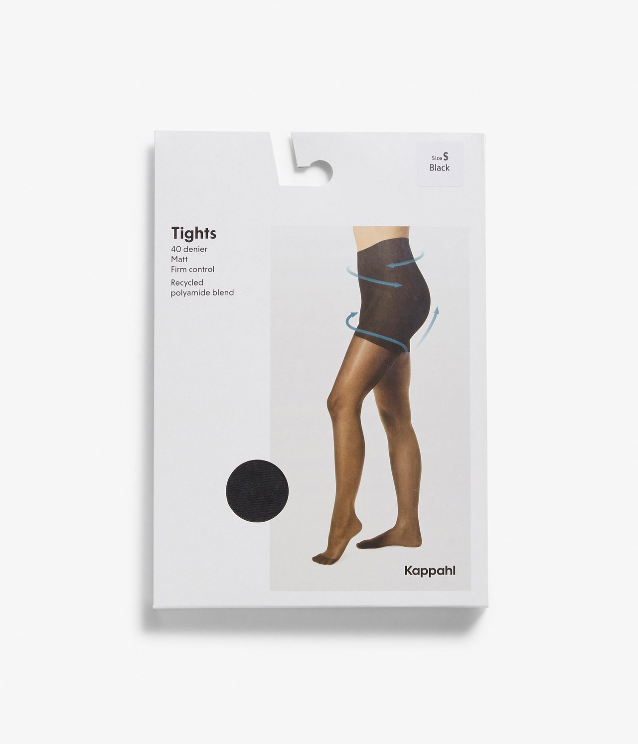 Frontvisning av hvit produktemballasje for svarte 40 denier firm control strømpebukser, viser kvinneben.