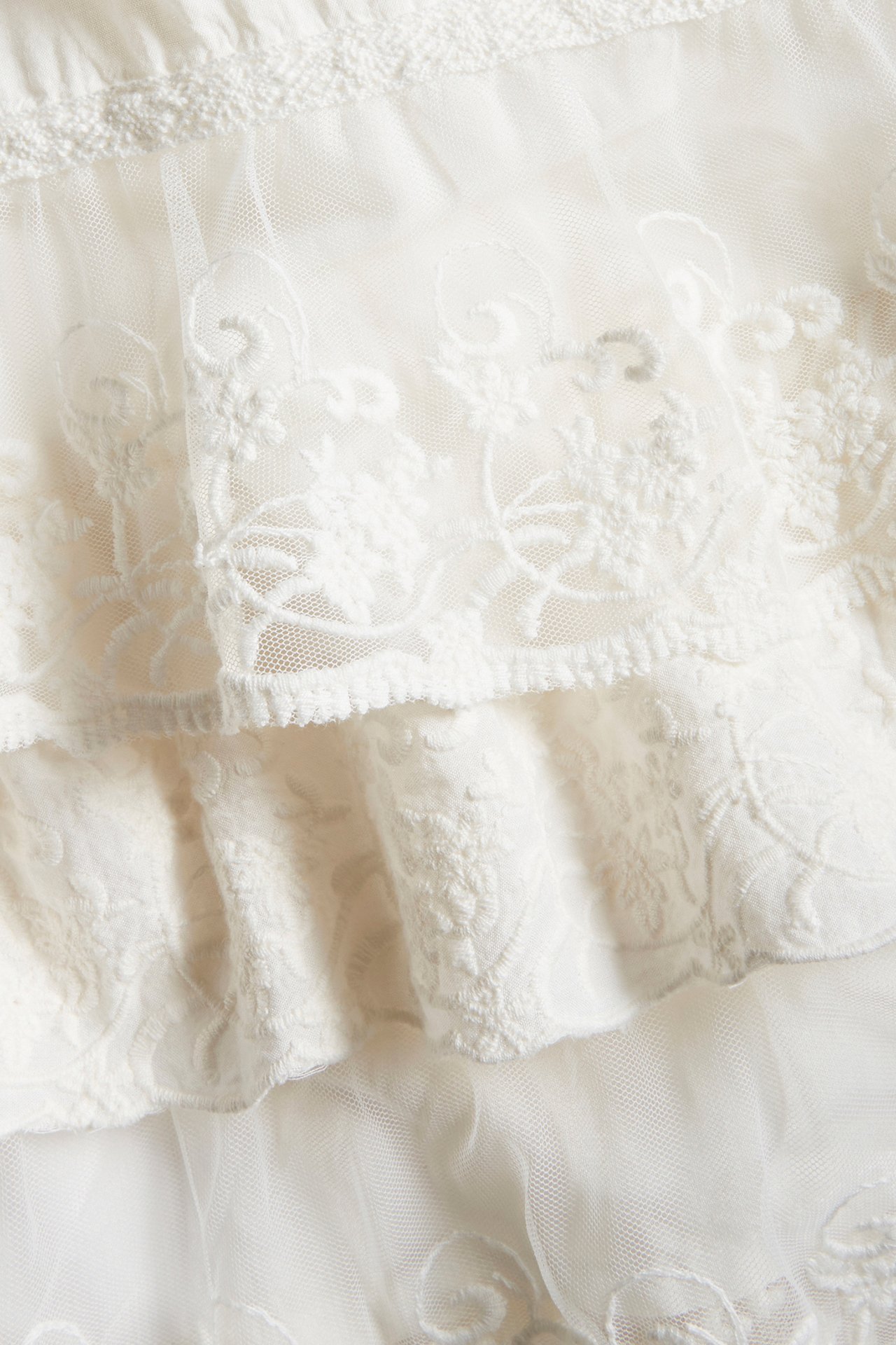 Närbild av en offwhite dopklänning för baby med spets, tyll och broderade blommönster.