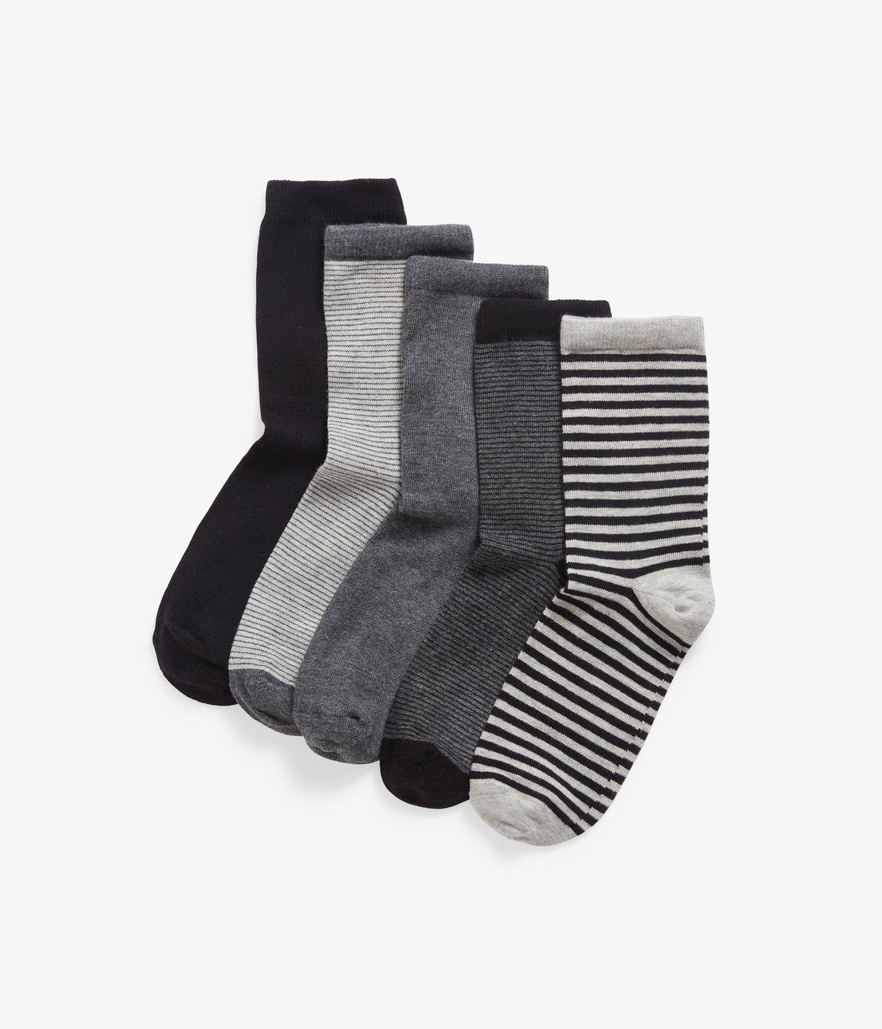 Toppvy av 5-pack strumpor, inklusive svarta, grå och randiga grå och svarta strumpor.