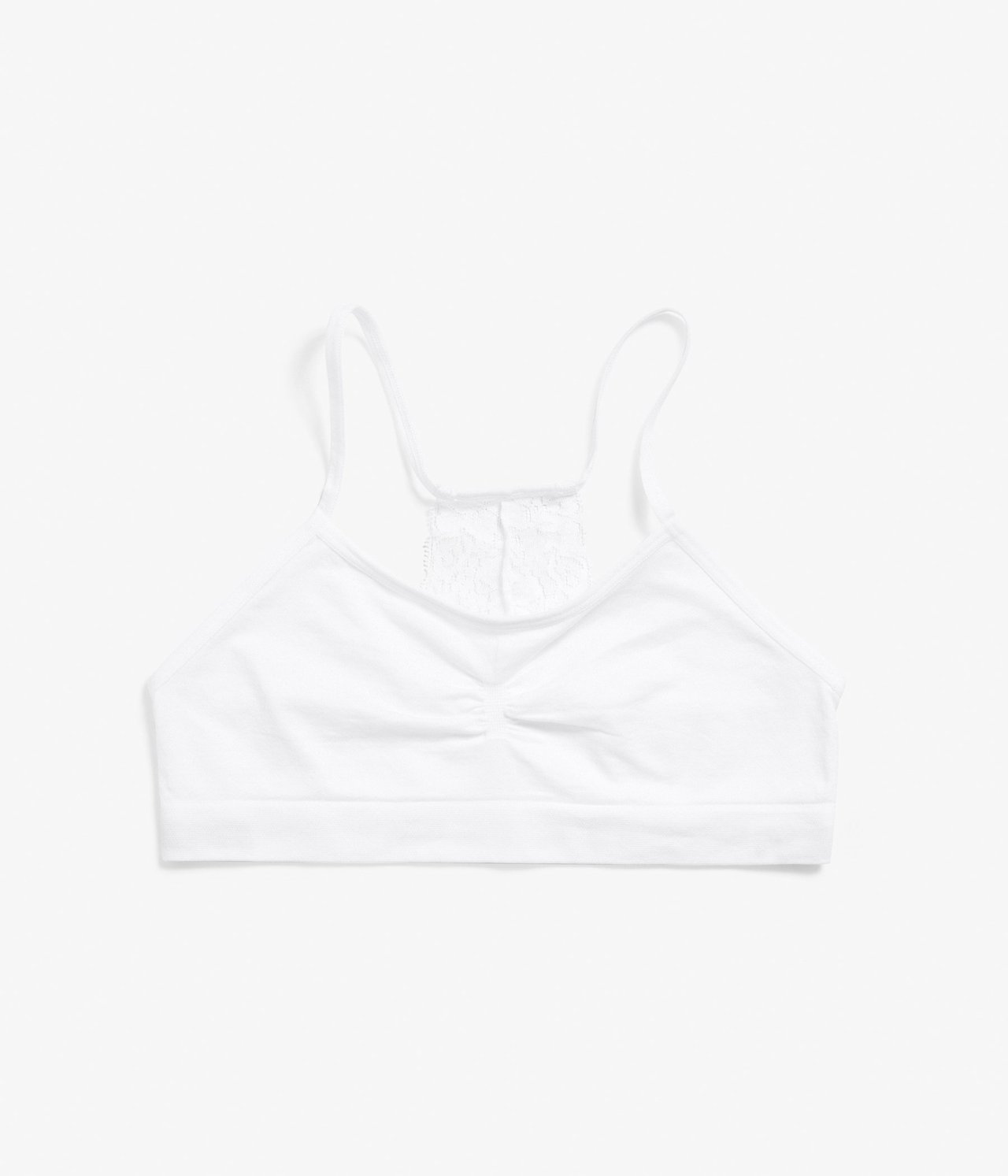 Widok z przodu białego, bezszwowego topu z cienkimi ramiączkami, marszczeniem z przodu i koronką z tyłu.