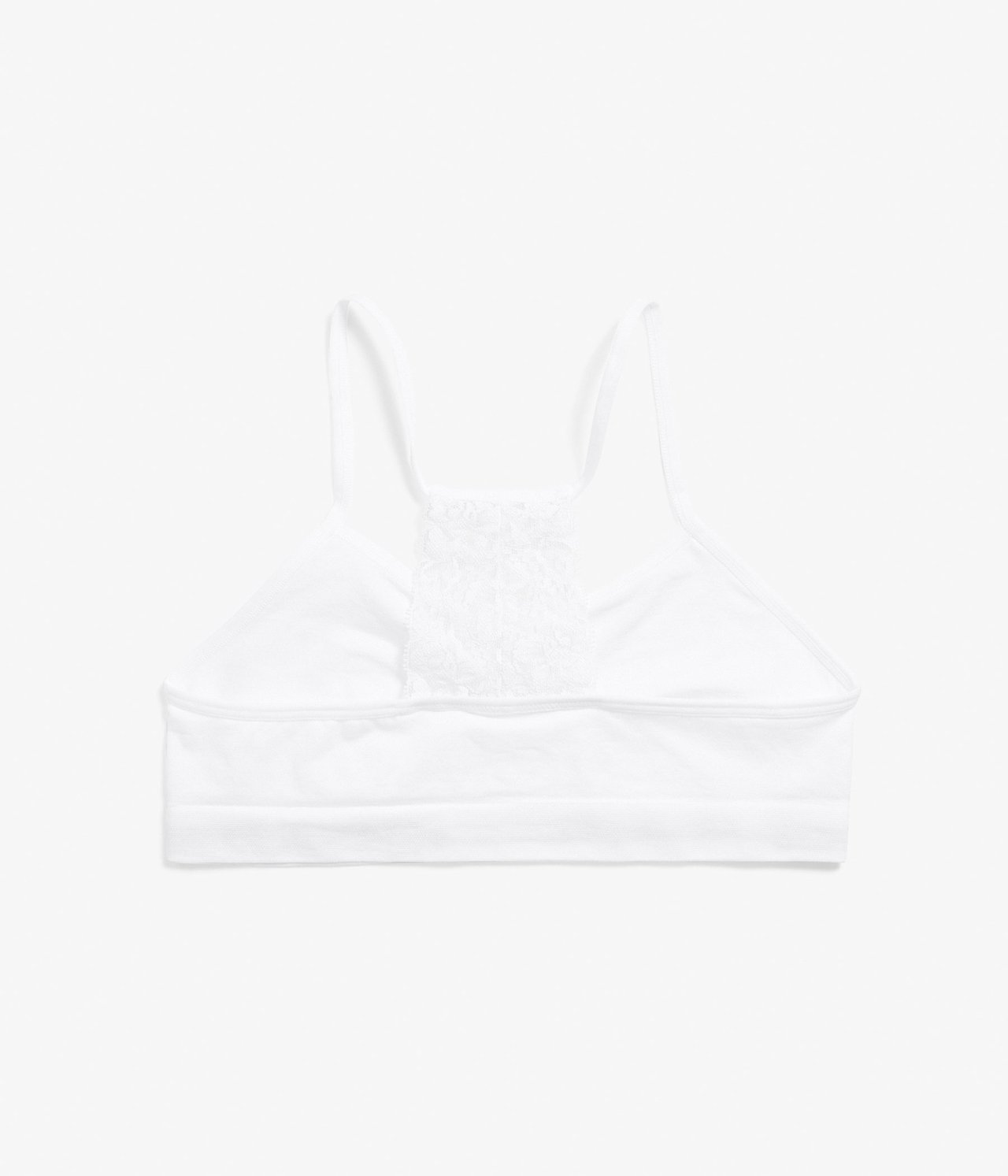 Widok z tyłu białego, bezszwowego topu z cienkimi ramiączkami i koronkowym panelem na plecach.