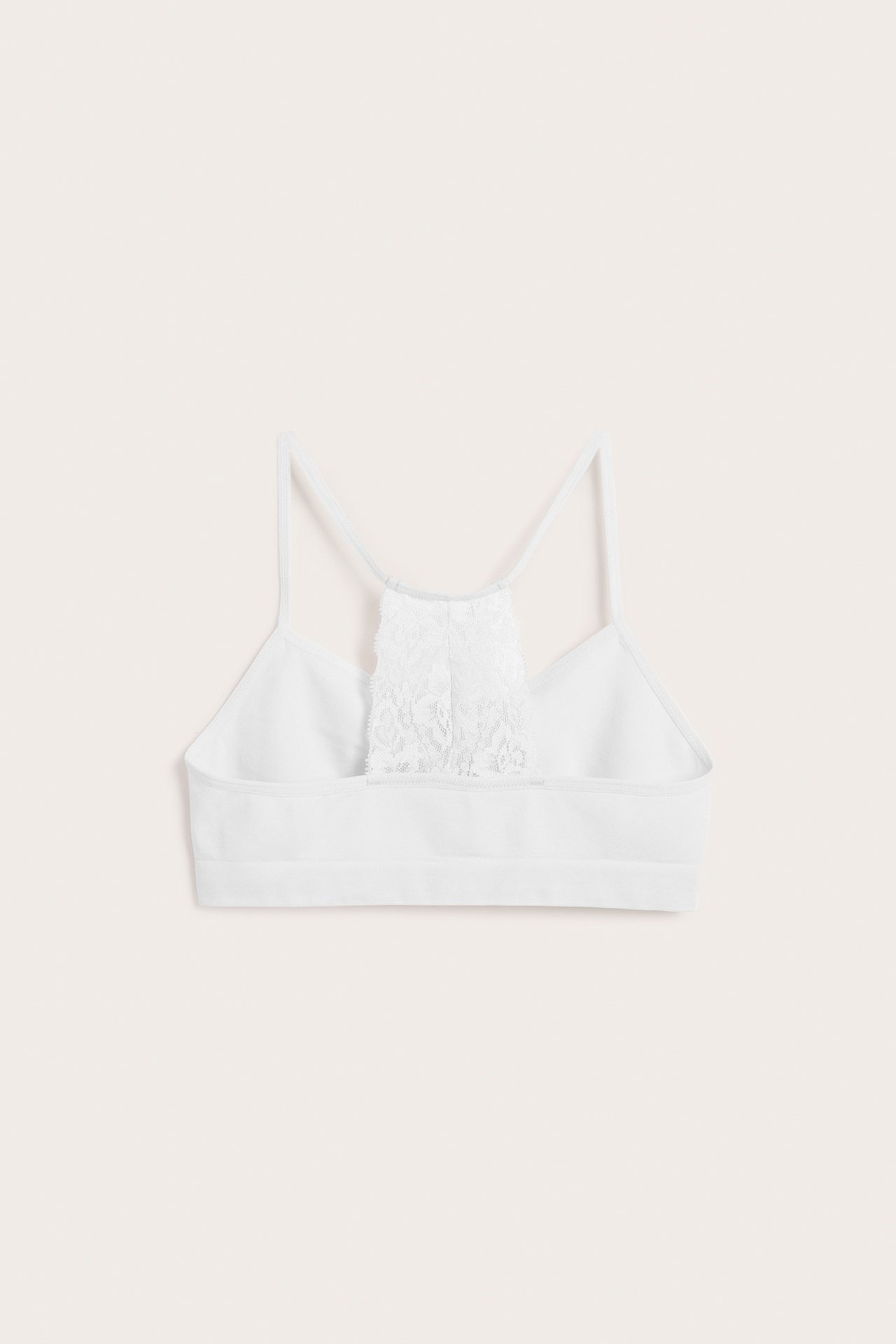 Valkoinen pitsiselkäinen bralette takaa.