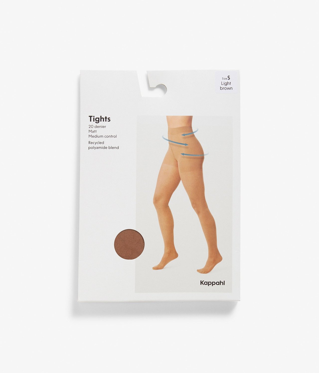 Tuotepakkauksen etunäkymä vaaleanruskeista 20 denierin medium-tukisukkahousuista.