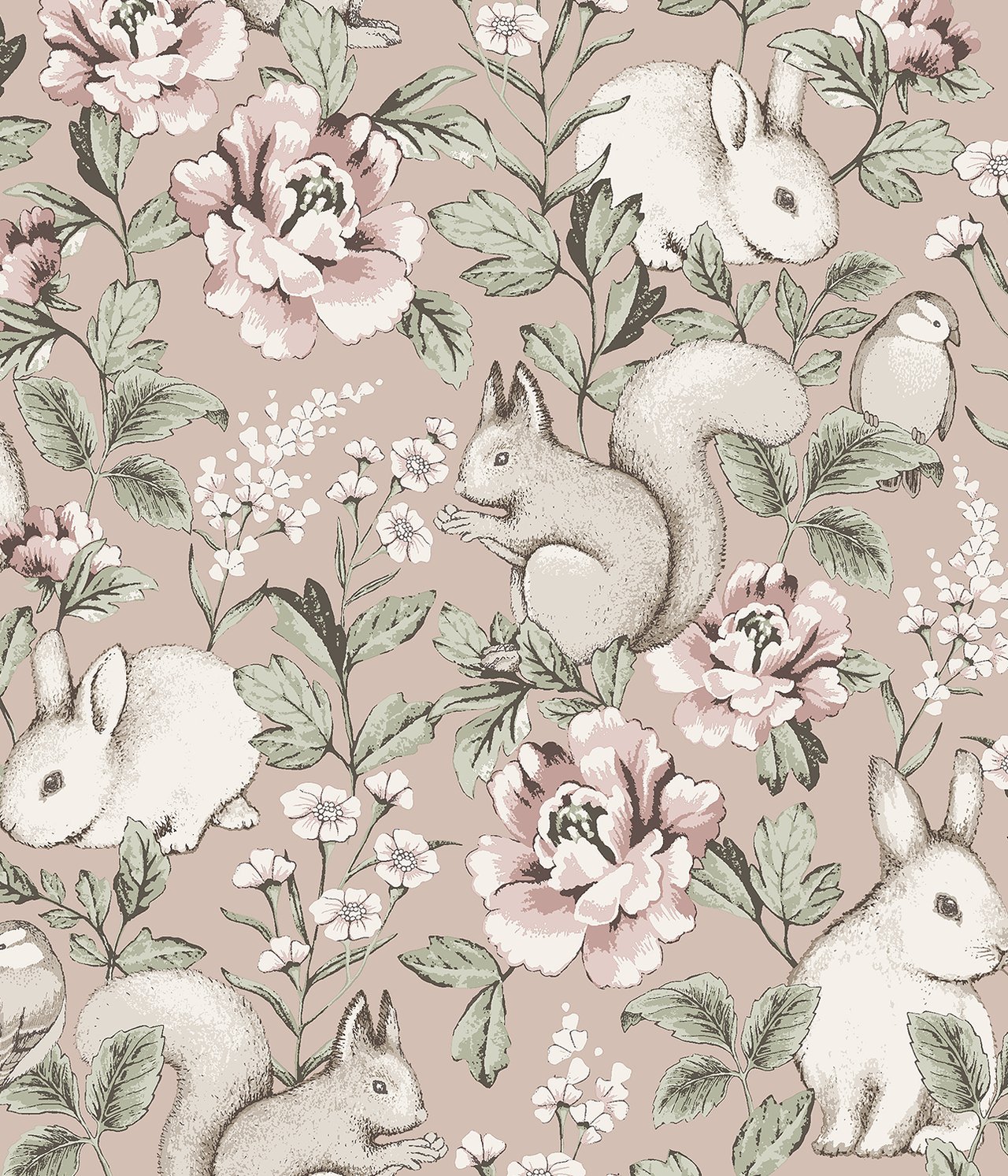 Vaaleanpunainen kuviollinen kuitukangastapetti, jossa valkoisia kaneja, oravia, lintuja ja kukkia.