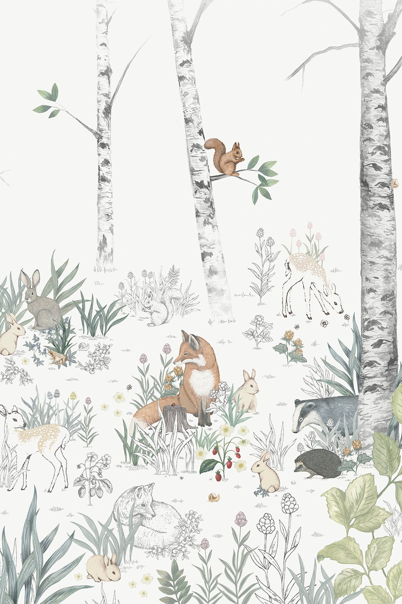 Widok z przodu flizelinowej tapety z szczegółowym leśnym motywem zwierzęcym na jasnym tle.
