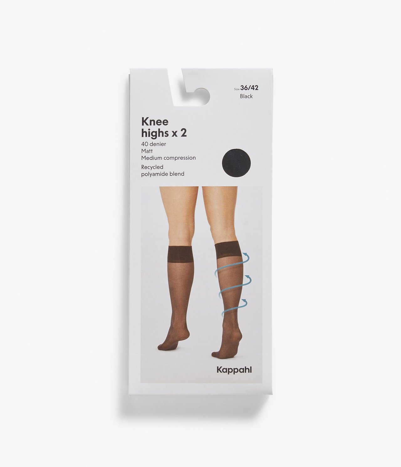 Widok z przodu opakowania produktu przedstawiający czarne podkolanówki kompresyjne z mieszanki poliamidu.