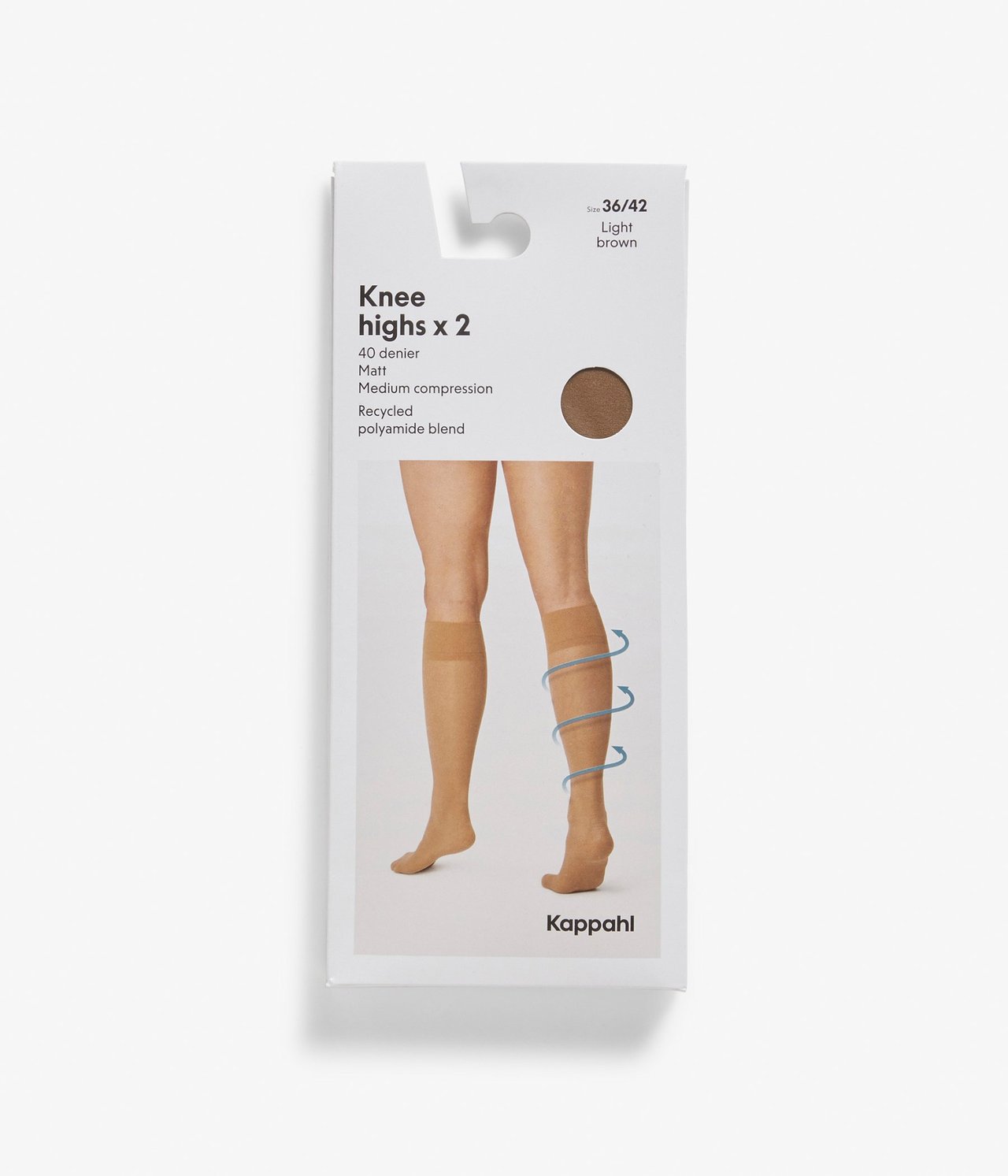 Widok z przodu opakowania produktu, przedstawiający jasnobrązowe podkolanówki uciskowe z ilustracją nóg.