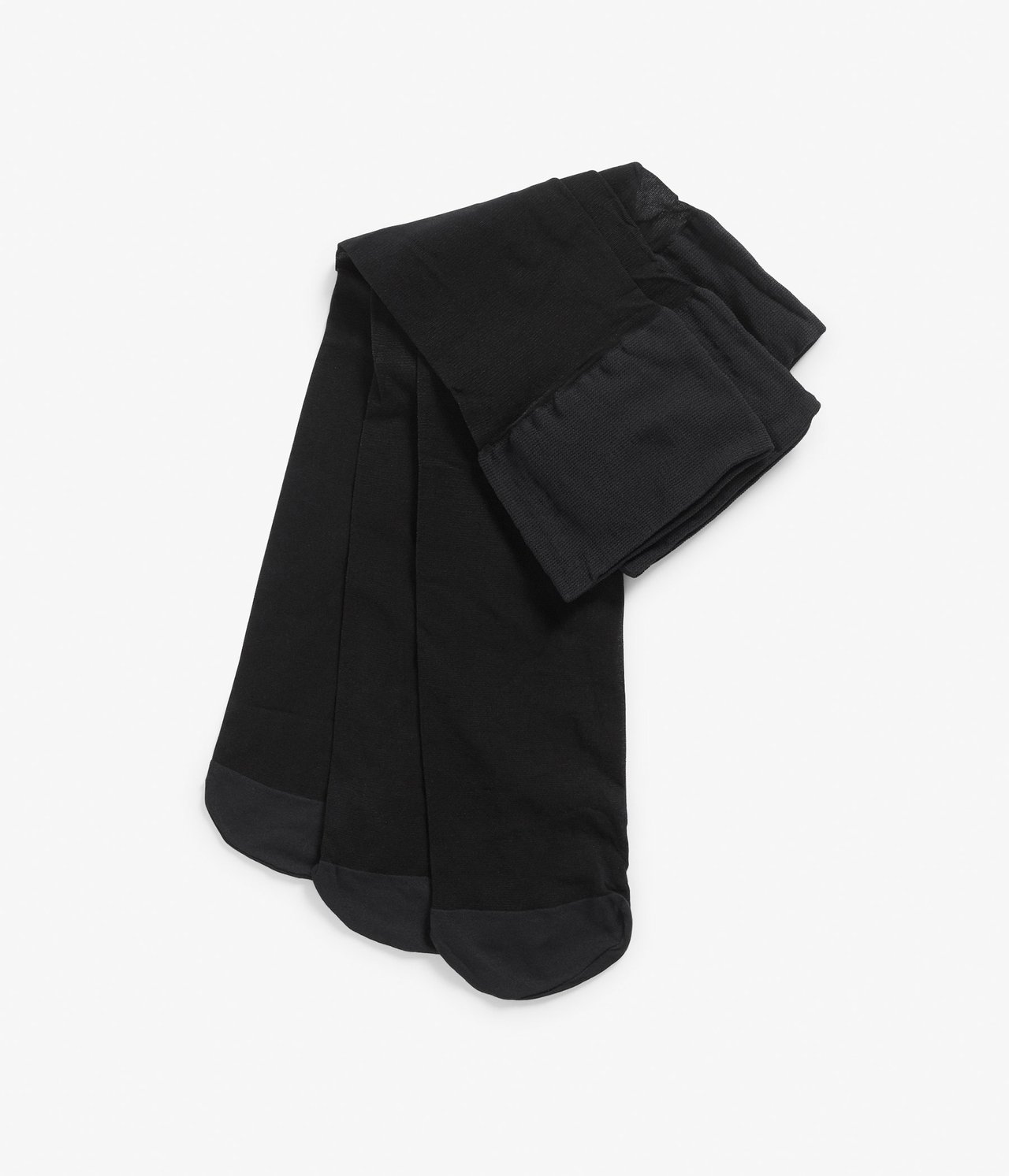 Trzy pary czarnych matowych nylonowych podkolanówek z szerokim ściągaczem, widok z góry.