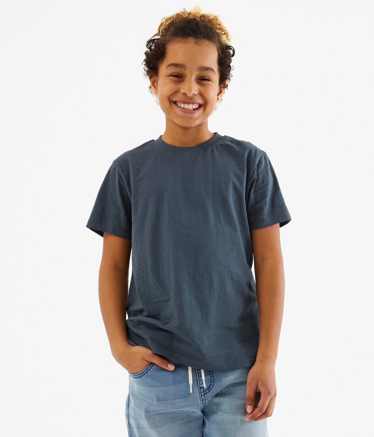 T-shirt i bomullstrikå med kort ärm - Mörkblå - 1