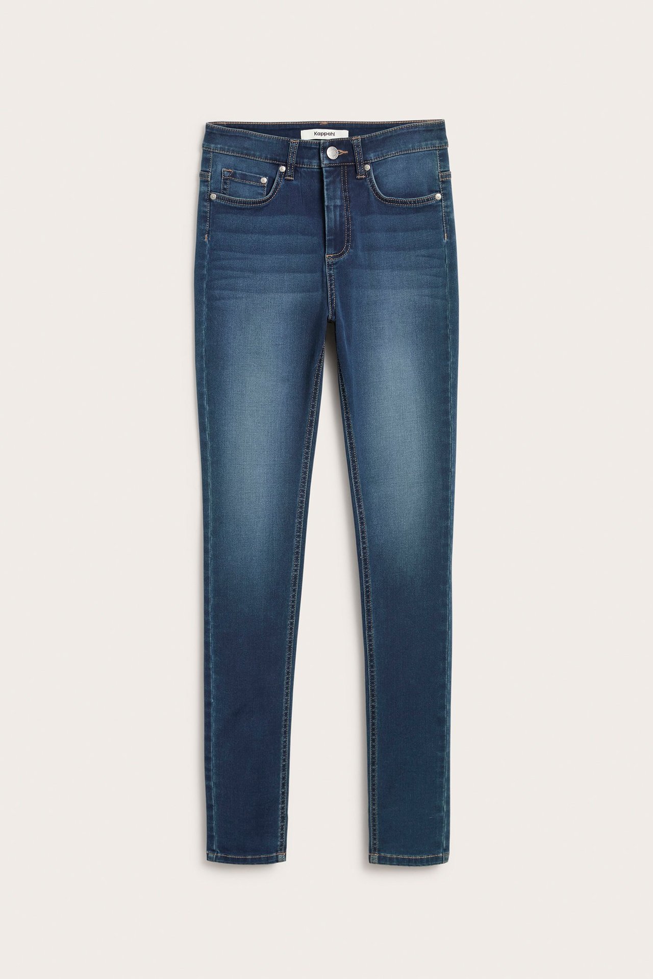 Framifrån mörkblå super slim denimjeans med extra långa ben, med knapp och dragkedja.