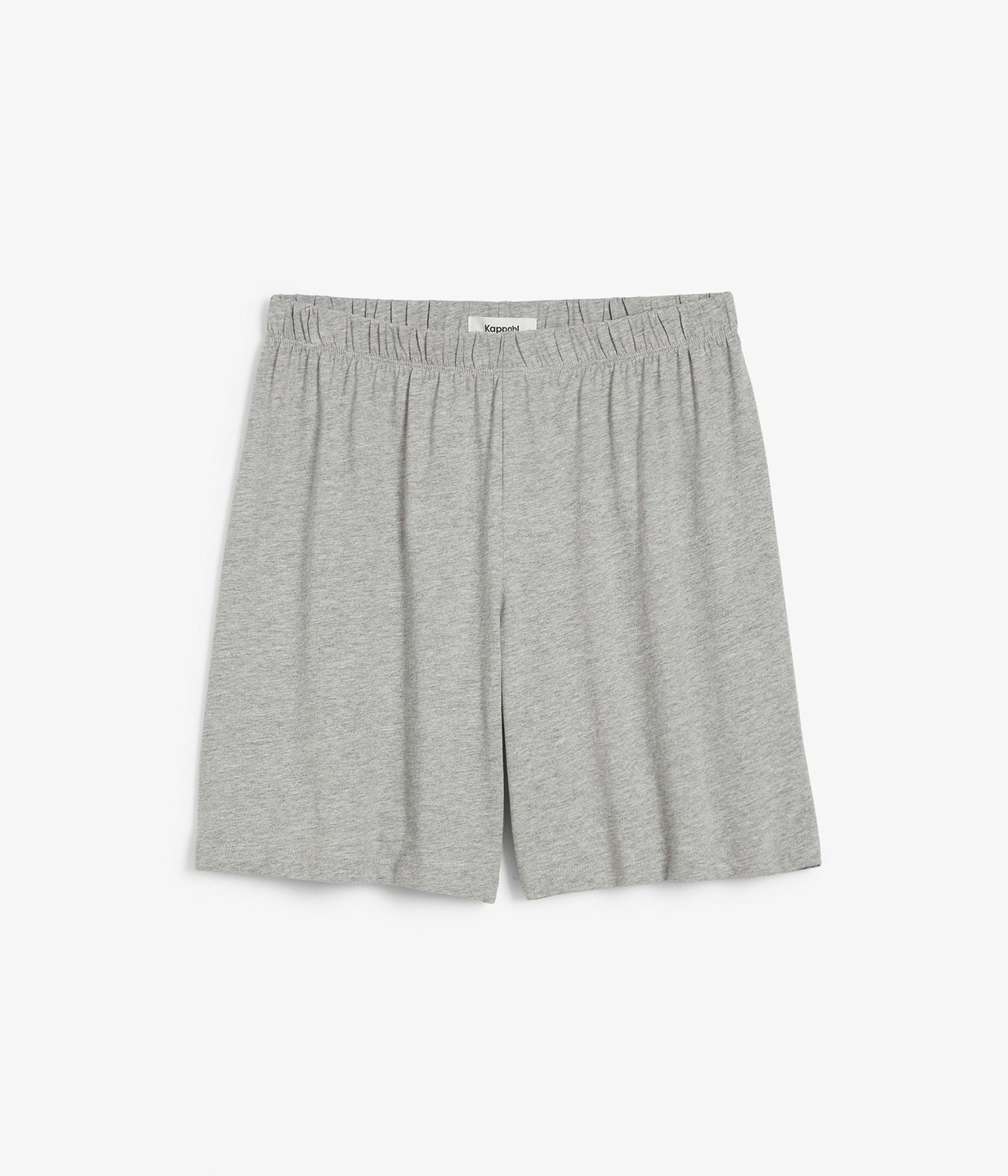 Widok z przodu jasnoszarych, melanżowych szortów piżamowych z dżerseju z ukrytą gumką.